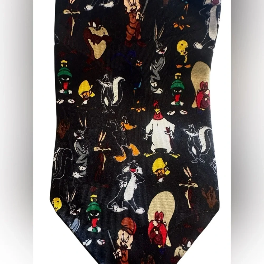 Vtg Looney Tunes Mania All Over Graphic Tie - Black